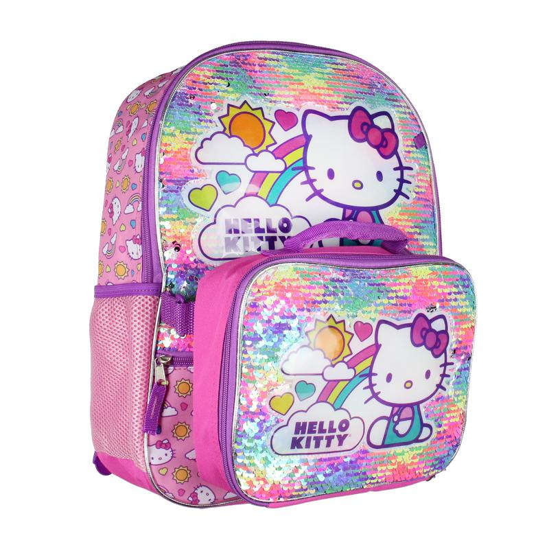 Hello Kitty Travel Backpack Neon Rainbows Magic Sequins 5 Piece Set Lunch Bag Cinch Bag Gadget Case Water Bottle