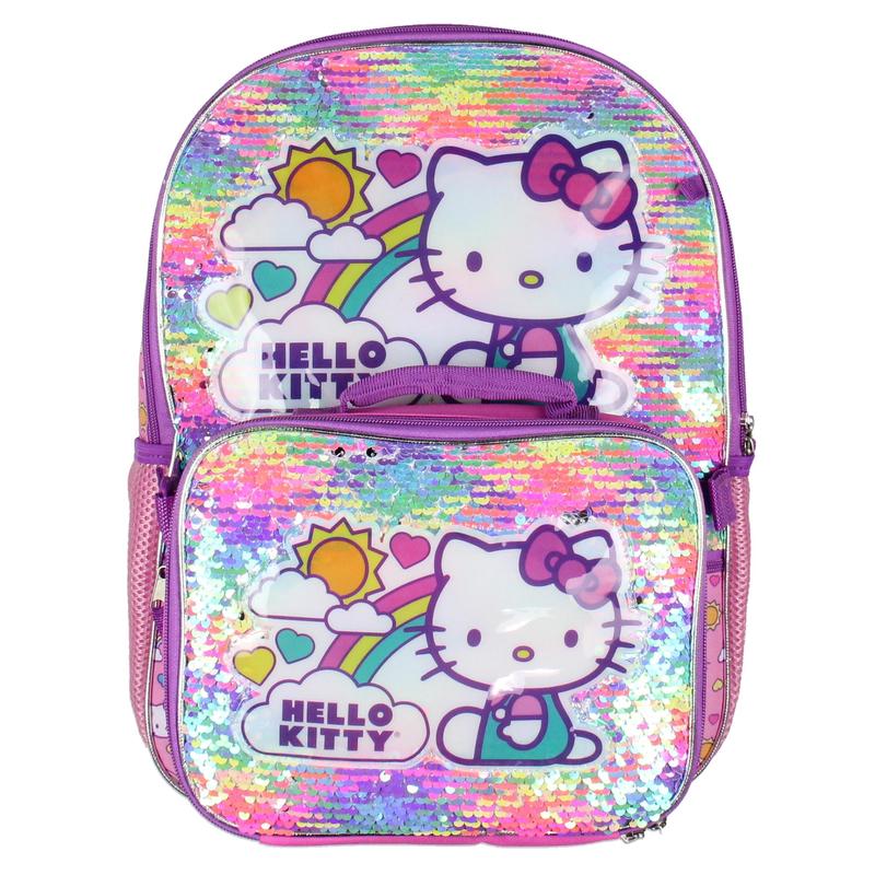 Hello Kitty Travel Backpack Neon Rainbows Magic Sequins 5 Piece Set Lunch Bag Cinch Bag Gadget Case Water Bottle