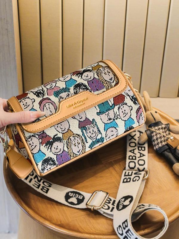 Summer Cartoon Print Pu Purses Crossbody Bags with Rabbit Charm, Cartoon Bear Decor Boston Bag, Crossbody Bag with Adjustable Strap & Bag Charm, for Fall