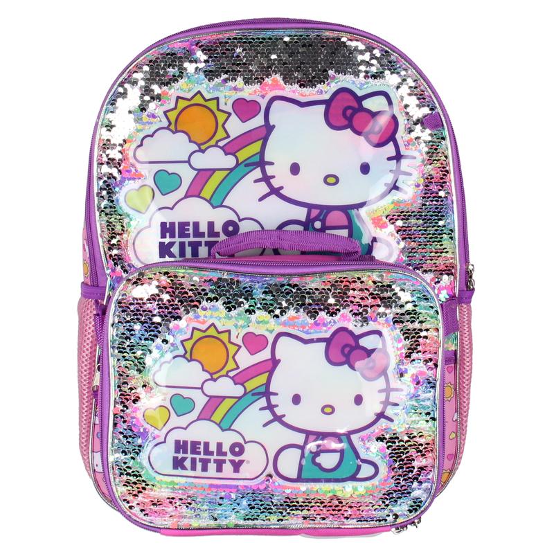 Hello Kitty Travel Backpack Neon Rainbows Magic Sequins 5 Piece Set Lunch Bag Cinch Bag Gadget Case Water Bottle