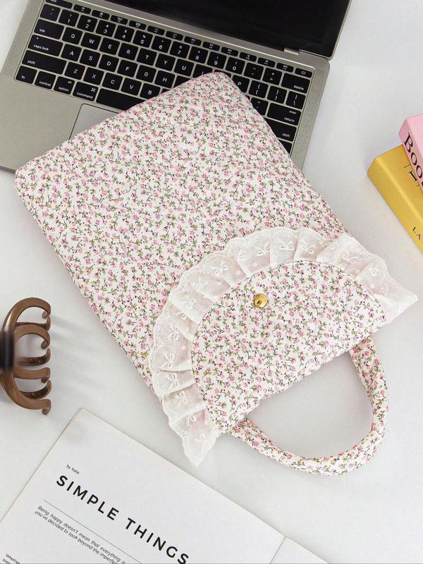 2024 New Style Ditsy Floral Pattern Laptop Bag, Contrast Lace Design Laptop Storage Bag, Fashionable Laptop Case for Women & Girls