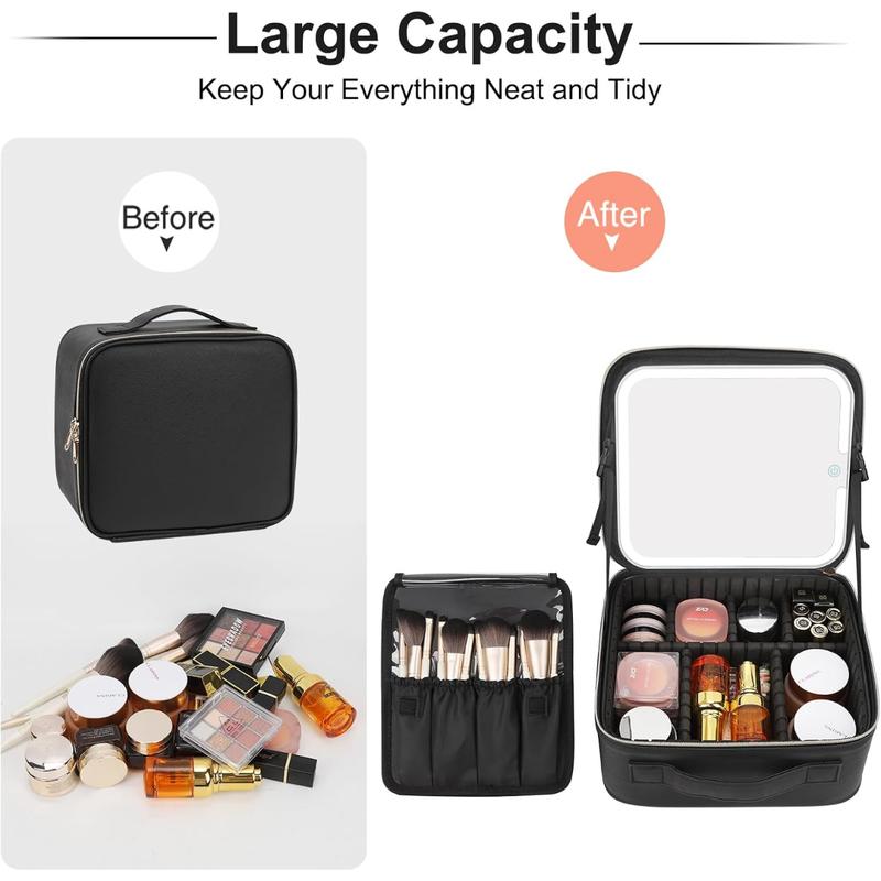 [Fast Delivery] Makeup Bag with LED Mirror, Makeup Case with Lighted Mirror Professional Makeup Artist Organizer Travel Bag with Adjustable Dividers,3 Light Brightness, Black