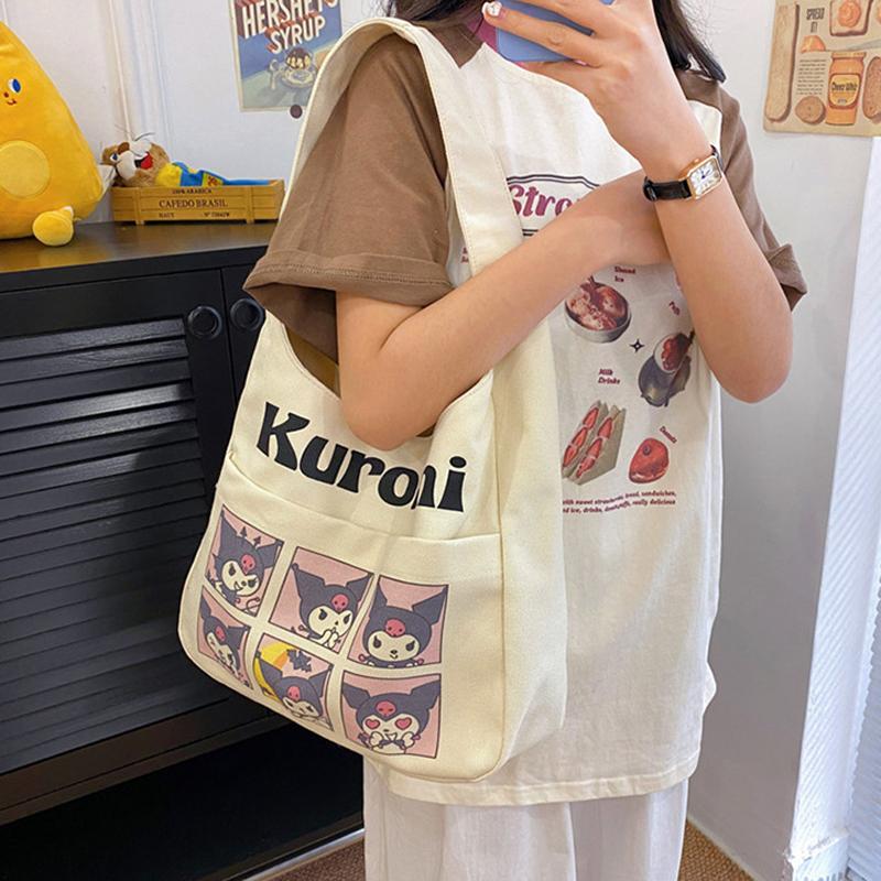 MINISO Cartoon Cute Snoopy Canvas Bag Strawberry Bear Shoulder Bag Casual Underarm Bag Fashion Large Capacity Handbag