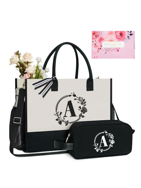 Letter & Floral Pattern Canvas Tote Bag & Pouch Set, Casual Versatile Zipper Shoulder Bag Set for Women, Trendy All-match Bag Set for Daily Use