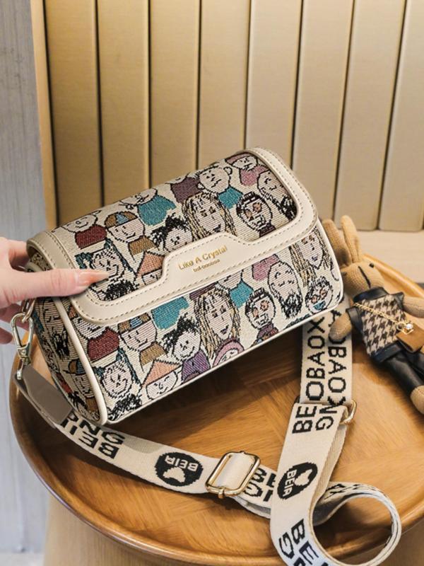 Summer Cartoon Print Pu Purses Crossbody Bags with Rabbit Charm, Cartoon Bear Decor Boston Bag, Crossbody Bag with Adjustable Strap & Bag Charm, for Fall