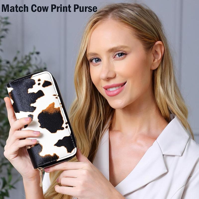 Cow Print Wallet for Women,Western Highland Cowhide Purse Zip Around Walles Cow Stuff Gifts for Ladies Brown