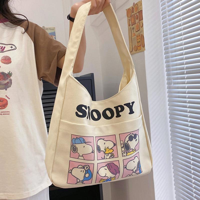 MINISO Cartoon Cute Snoopy Canvas Bag Strawberry Bear Shoulder Bag Casual Underarm Bag Fashion Large Capacity Handbag