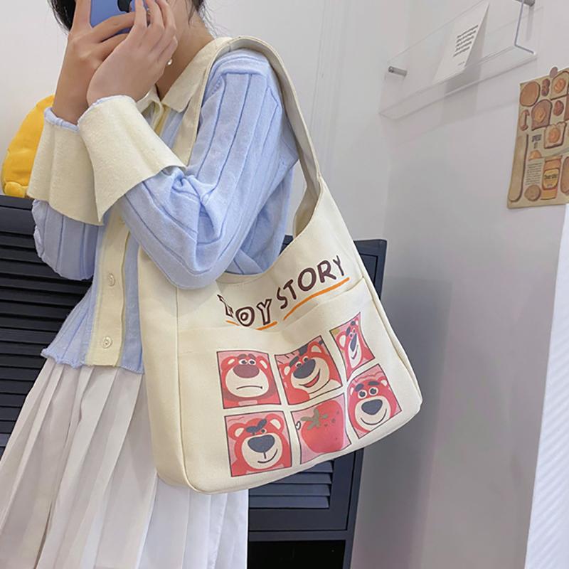 MINISO Cartoon Cute Snoopy Canvas Bag Strawberry Bear Shoulder Bag Casual Underarm Bag Fashion Large Capacity Handbag