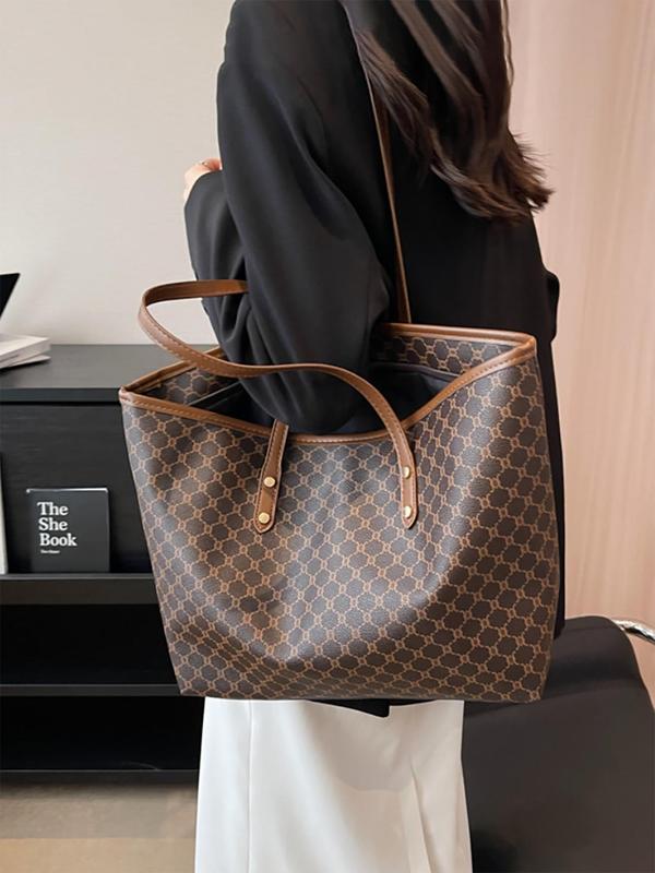 Fashionable Large Capacity Shoulder Bag, Vintage Geometry Design Tote Bag for Women, Casual Trendy Versatile High-quality Daily Commuting Bag