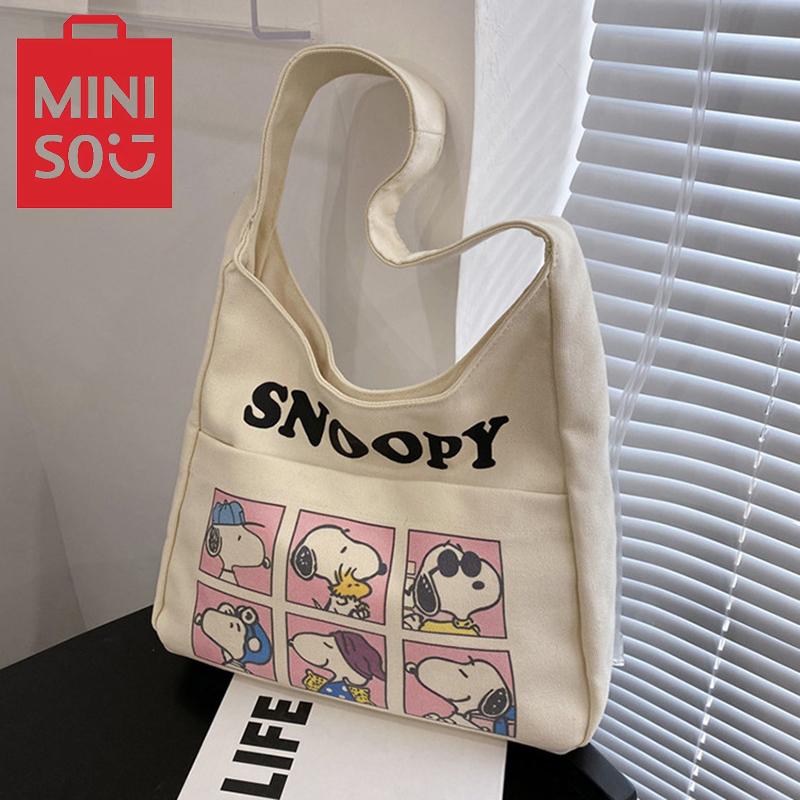 MINISO Cartoon Cute Snoopy Canvas Bag Strawberry Bear Shoulder Bag Casual Underarm Bag Fashion Large Capacity Handbag