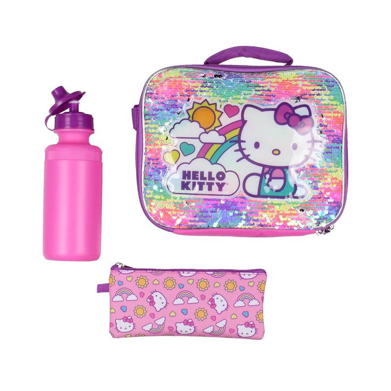 Hello Kitty Travel Backpack Neon Rainbows Magic Sequins 5 Piece Set Lunch Bag Cinch Bag Gadget Case Water Bottle