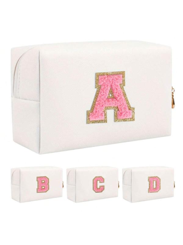 Letter Patch Makeup Bag,  Travel Bag, Portable Chenille Letter Cosmetic Bag with Zipper, Waterproof Travel Toiletry Bag Monogram Make Up Pouch for Women Girls