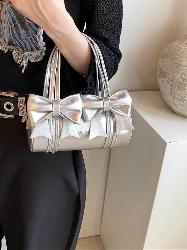 Women's Bowknot Decorated Handbag, Fashionable PU Leather Boston Bag for Daily Used, Casual Trendy Versatile High-quality Daily Commuting Bag