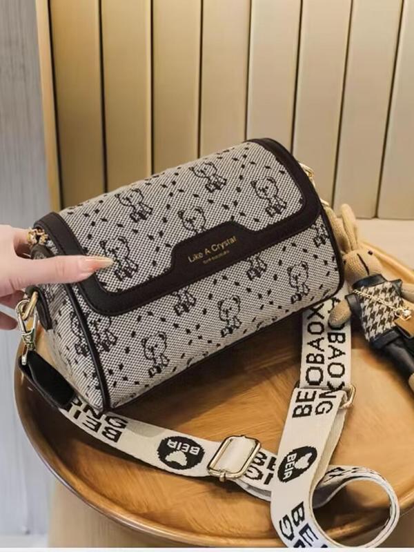 Summer Cartoon Print Pu Purses Crossbody Bags with Rabbit Charm, Cartoon Bear Decor Boston Bag, Crossbody Bag with Adjustable Strap & Bag Charm, for Fall