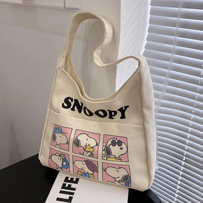 MINISO Cartoon Cute Snoopy Canvas Bag Strawberry Bear Shoulder Bag Casual Underarm Bag Fashion Large Capacity Handbag