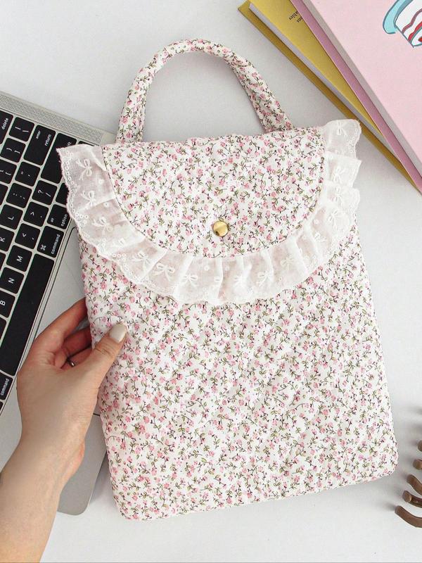 2024 New Style Ditsy Floral Pattern Laptop Bag, Contrast Lace Design Laptop Storage Bag, Fashionable Laptop Case for Women & Girls