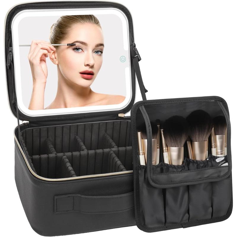 [Fast Delivery] Makeup Bag with LED Mirror, Makeup Case with Lighted Mirror Professional Makeup Artist Organizer Travel Bag with Adjustable Dividers,3 Light Brightness, Black