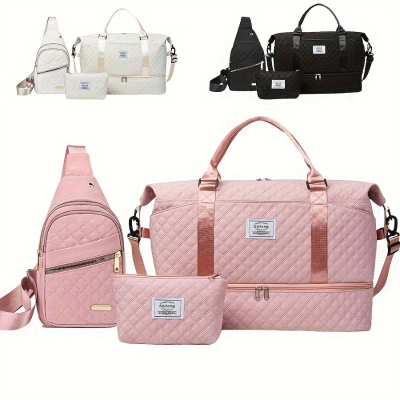 3pcs Chic Pink Travel & Fitness Bag Set - Large Capacity, Waterproof Oxford Fabric Duffle with Shoulder and Cosmetic Bags