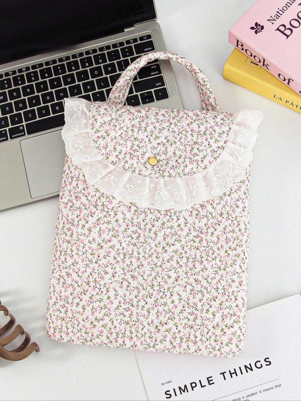 2024 New Style Ditsy Floral Pattern Laptop Bag, Contrast Lace Design Laptop Storage Bag, Fashionable Laptop Case for Women & Girls