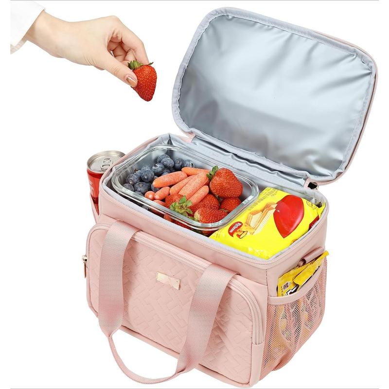 Lunch Box Women with Shoulder Strap, Insulated & Reusable Cooler Bag, Leak-proof Thermal Compartment, Drinks Holder, for Office Work Picnic Travel Gym, Pink