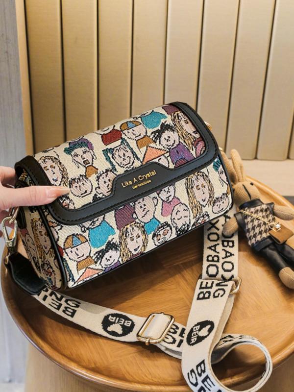 Summer Cartoon Print Pu Purses Crossbody Bags with Rabbit Charm, Cartoon Bear Decor Boston Bag, Crossbody Bag with Adjustable Strap & Bag Charm, for Fall