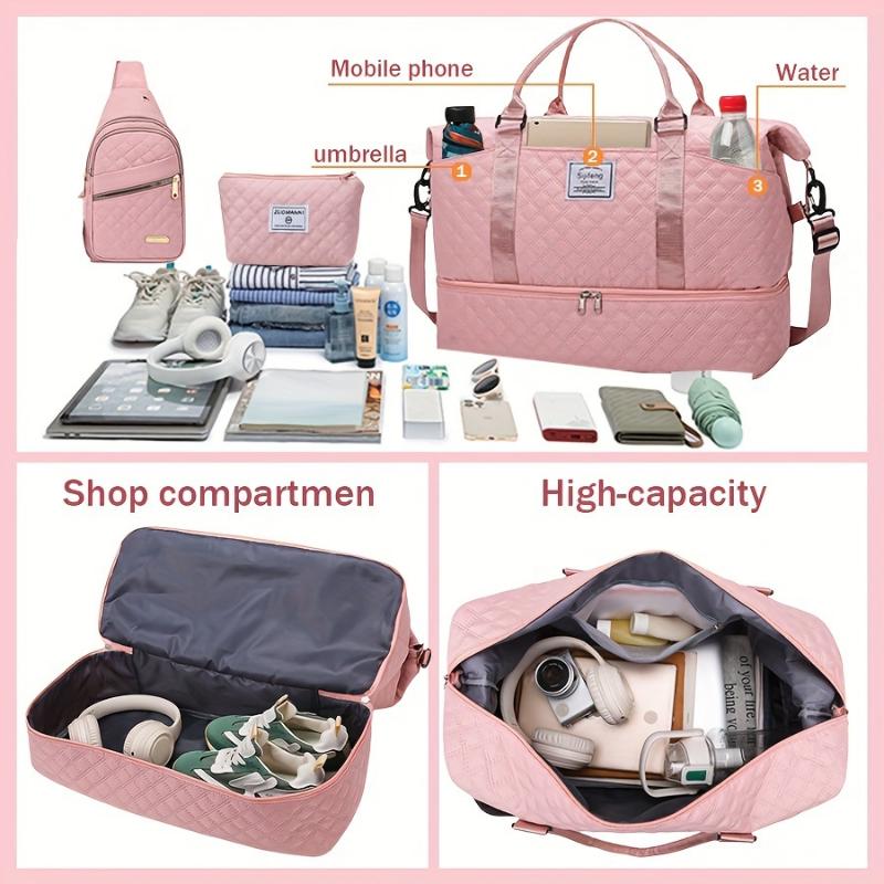 3pcs Chic Pink Travel & Fitness Bag Set - Large Capacity, Waterproof Oxford Fabric Duffle with Shoulder and Cosmetic Bags