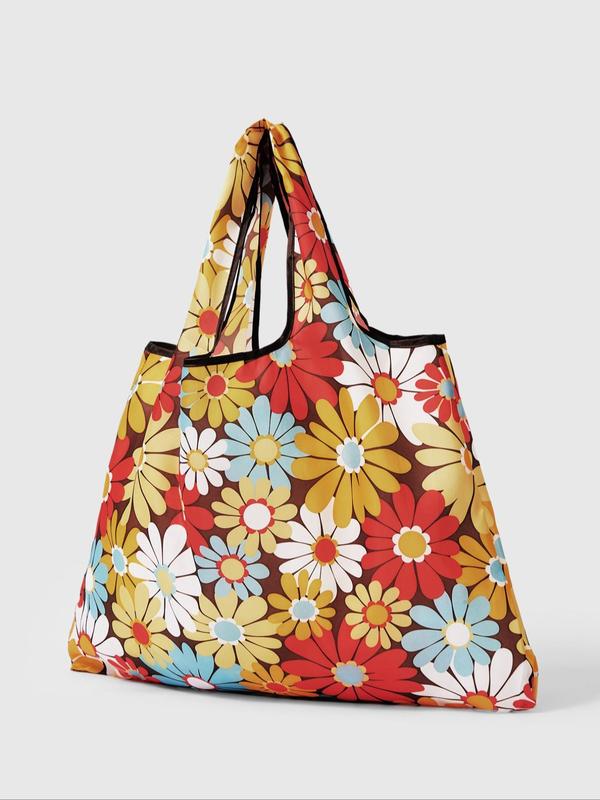 Women's Elegant Flower Pattern Tote Bag, Trendy Large Capacity Foldable Shopping Bag, Chic All-match Shoulder Bag for Daily & Travel Use