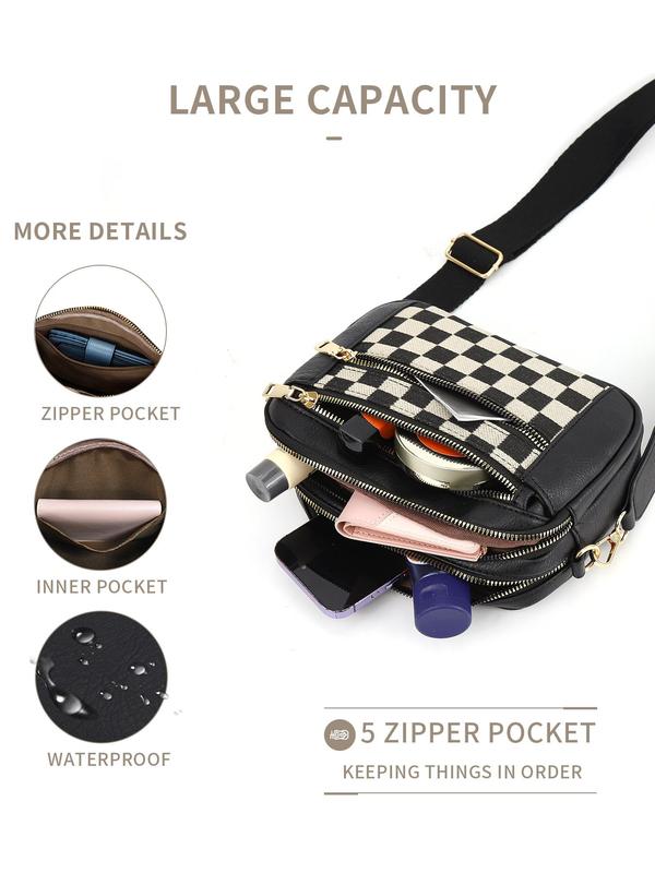 Women's Fashionable Plaid Pattern Crossbody Bag, Casual Versatile PU Leather Zipper Shoulder Bag with Adjustable Strap, Trendy All-match Commuter Bag for Daily Used