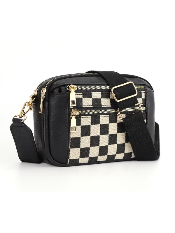 Women's Fashionable Plaid Pattern Crossbody Bag, Casual Versatile PU Leather Zipper Shoulder Bag with Adjustable Strap, Trendy All-match Commuter Bag for Daily Used