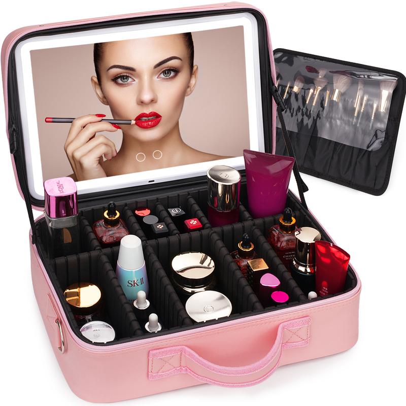 Chrismas gift  Plus Size Travel Makeup Bag with Large Lighted Mirror, Makeup Cosmetic Train Case with Detachable Mirror and Light Waterproof Artist Organizer with Adjustable Dividers Gift for Women (Pink)