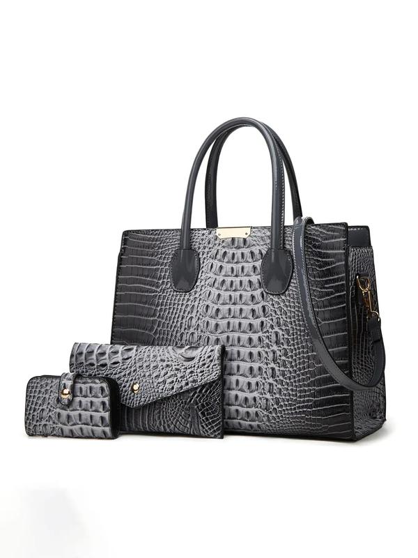 Women's Crocodile Pattern Lux Tote Bag Purse Set, Designer Bags, Large Capacity Shoulder Crossbody Bags, with Long Wallet & Short Wallet, Fashion Women Bag Sets for Back To School, Earthtone Fall Freshness Gifts