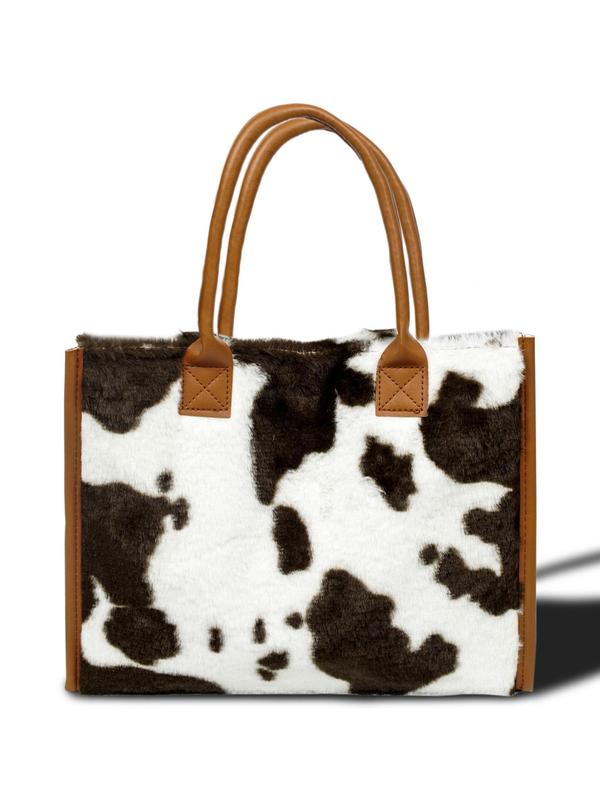 Fashion Fluffy Plush Cow Print Tote Bag, Casual Large Capacity Shoulder Bag For Women, Retro Contrast Binding Shoulder Bag for Commuters and Students