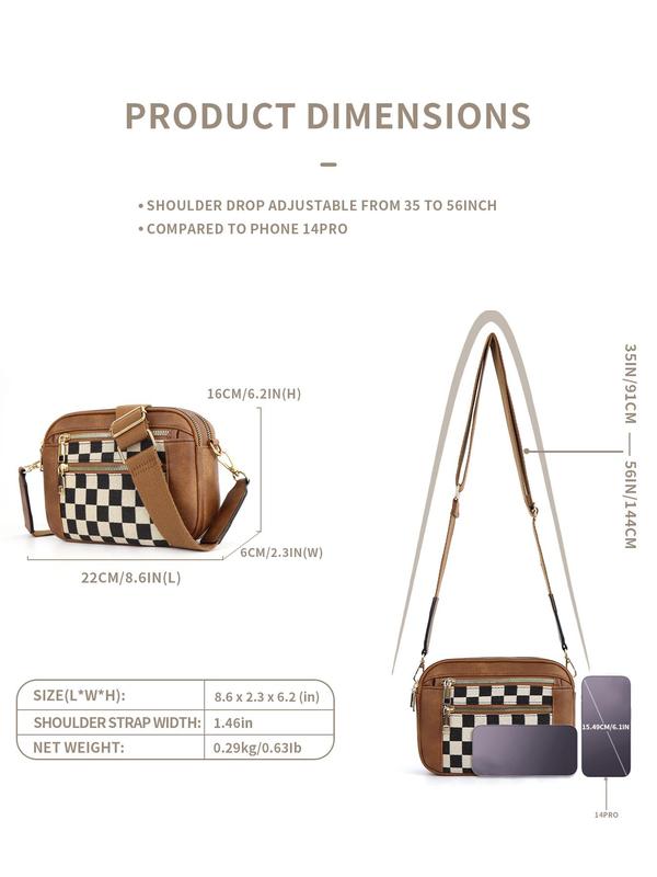 Women's Fashionable Plaid Pattern Crossbody Bag, Casual Versatile PU Leather Zipper Shoulder Bag with Adjustable Strap, Trendy All-match Commuter Bag for Daily Used