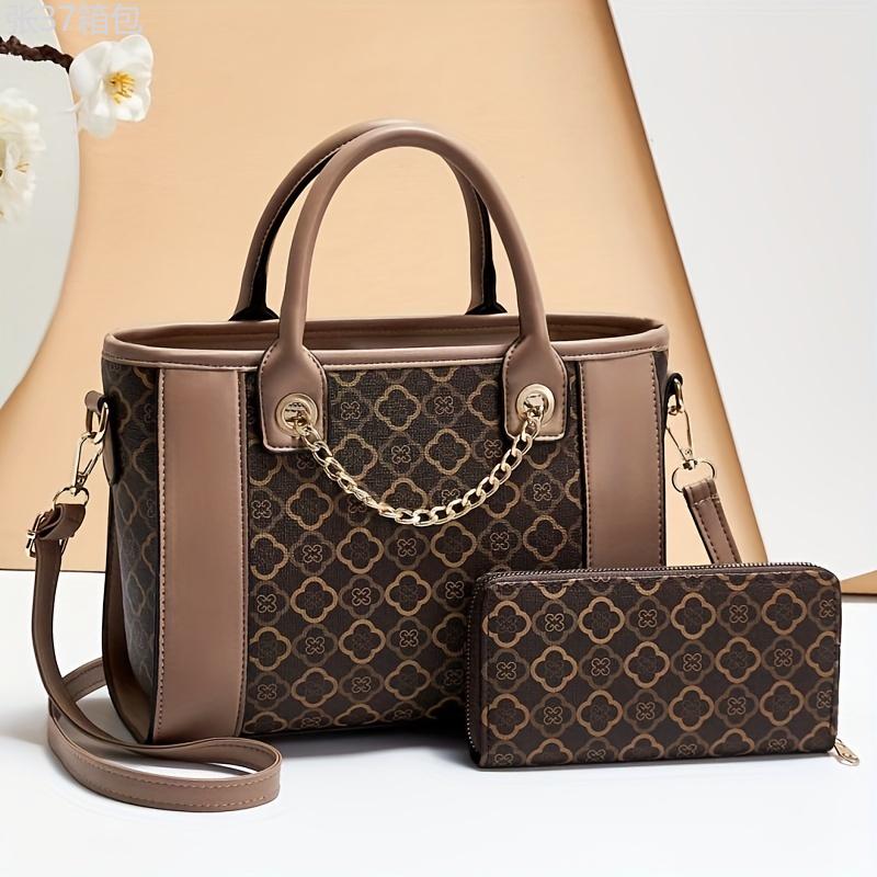 Trendy Handbag 2pcs Set, Elegant Geometric Pattern Tote Bag & Zip Around Wallet Set, Fashion Purse Set