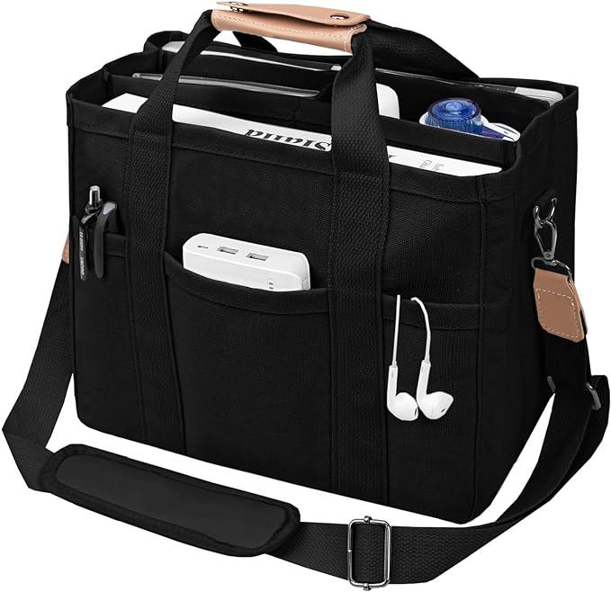 Multi Pocket Tote Bag Canvas Crossbody Bags Work Shoulder Bag Multifunction Travel Bag with Compartments (Black)