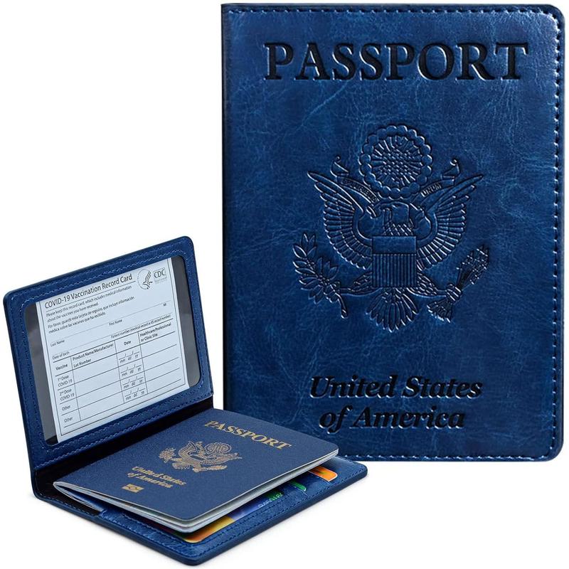 Passport Holder Cover Wallet Case RFID Blocking Leather Card Slot Travel Accessories Documents Organizer Protector for Women Men, Navy Blue