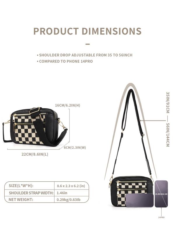 Women's Fashionable Plaid Pattern Crossbody Bag, Casual Versatile PU Leather Zipper Shoulder Bag with Adjustable Strap, Trendy All-match Commuter Bag for Daily Used