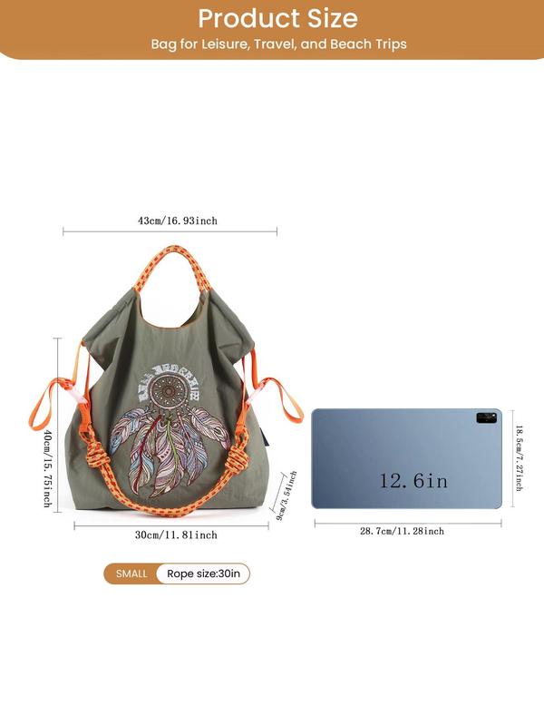 Women's Fashionable Feather Pattern Embroidery Tote Bag, Large Capacity Commuter Bag, Casual Shoulder Bag for Daily Used