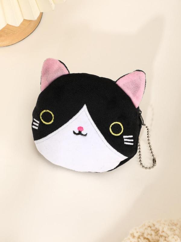 Women's Cute Cat Design Zipper Short Wallet, Animal Pattern Plush Coin Purse with Chain for Daily Use Girl Boy, Storage Bag Zipper Design with Chain