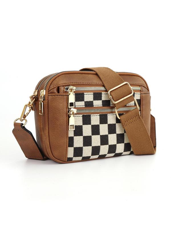 Women's Fashionable Plaid Pattern Crossbody Bag, Casual Versatile PU Leather Zipper Shoulder Bag with Adjustable Strap, Trendy All-match Commuter Bag for Daily Used