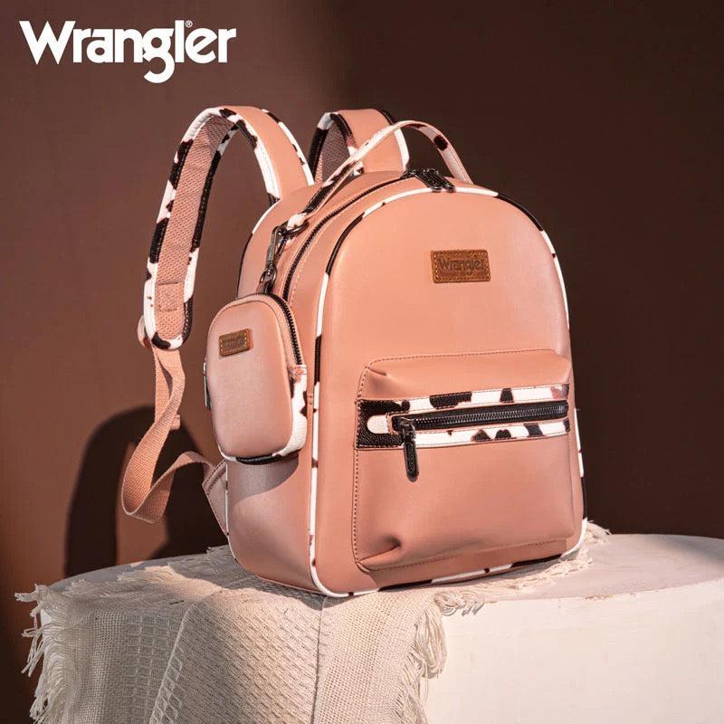 Wrangler Cow Print Decorated Zippered Backpack-Wrangler Women’s Fashion Backpack – Cow Print Decorated Faux Leather Zipper Backpack, Western Style