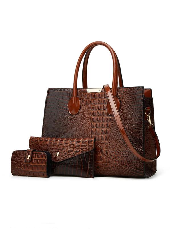 Women's Crocodile Pattern Lux Tote Bag Purse Set, Designer Bags, Large Capacity Shoulder Crossbody Bags, with Long Wallet & Short Wallet, Fashion Women Bag Sets for Back To School, Earthtone Fall Freshness Gifts