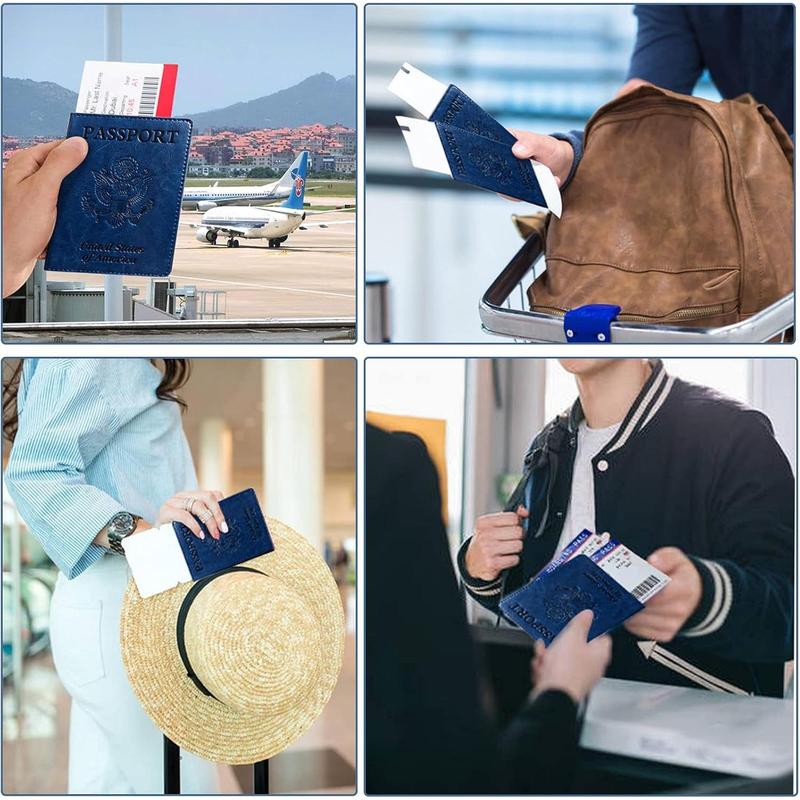 Passport Holder Cover Wallet Case RFID Blocking Leather Card Slot Travel Accessories Documents Organizer Protector for Women Men, Navy Blue