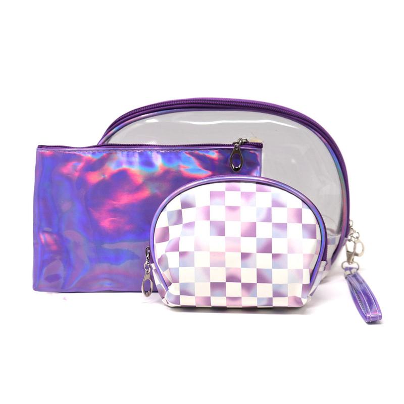 3 Piece Checkerboard Cosmetic Bag Set