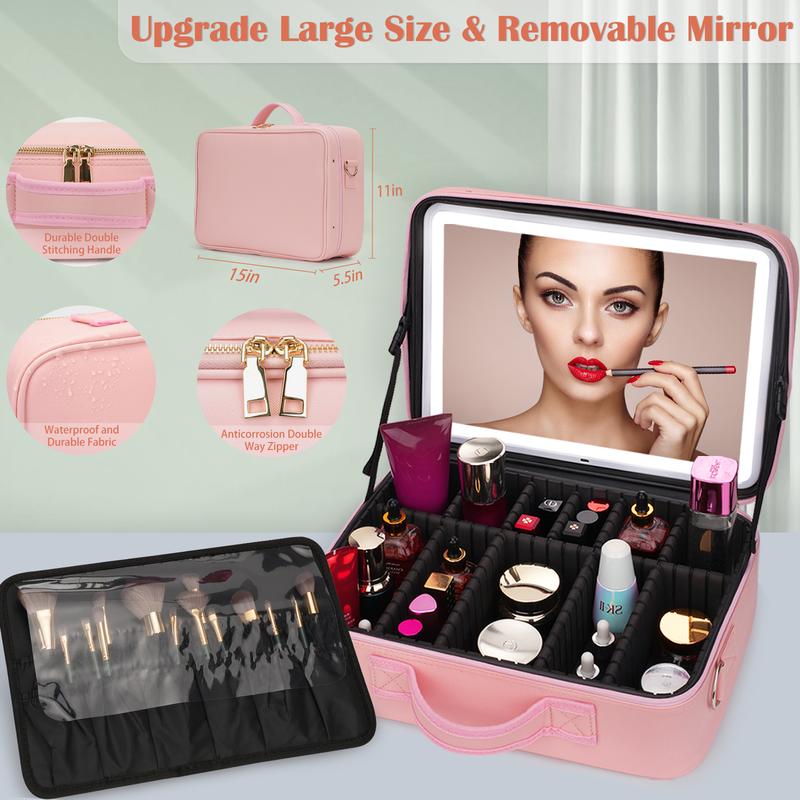 Chrismas gift  Plus Size Travel Makeup Bag with Large Lighted Mirror, Makeup Cosmetic Train Case with Detachable Mirror and Light Waterproof Artist Organizer with Adjustable Dividers Gift for Women (Pink)