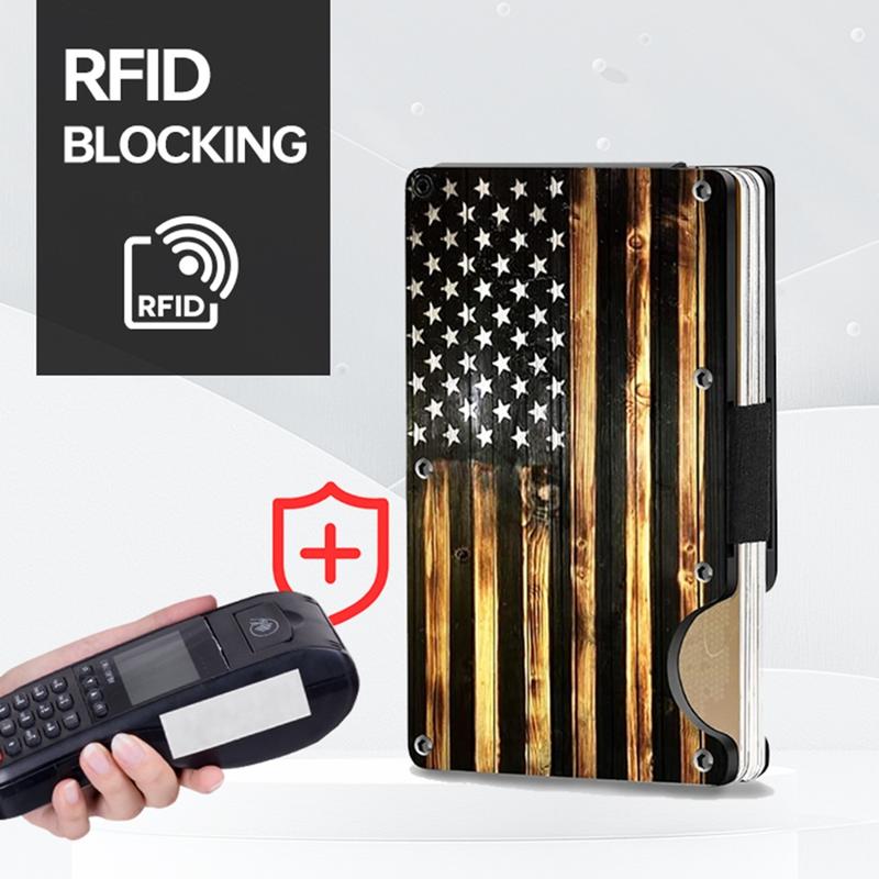 RFID Blocking Wood Grain Slim Card Holder for Men,Easily Removable Money Clip Thin Wallet, American Flag Artcraft Card Holder With Money Clip