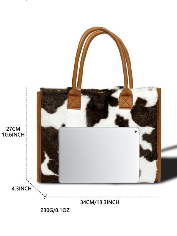 Fashion Fluffy Plush Cow Print Tote Bag, Casual Large Capacity Shoulder Bag For Women, Retro Contrast Binding Shoulder Bag for Commuters and Students