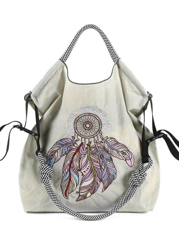 Women's Fashionable Feather Pattern Embroidery Tote Bag, Large Capacity Commuter Bag, Casual Shoulder Bag for Daily Used