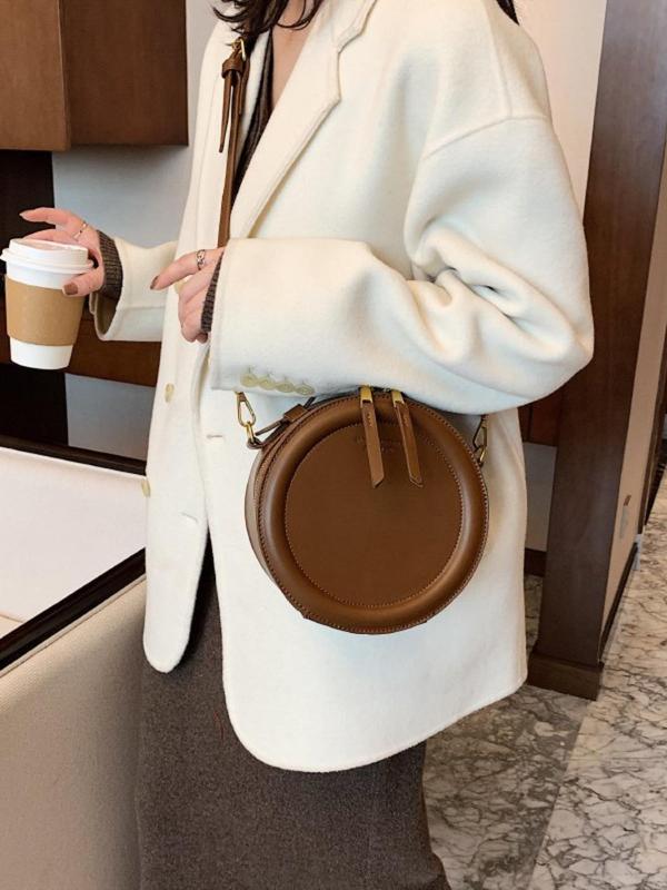 Women's Fashionable Round Shaped Handbag, Casual PU Leather Zipper Shoulder Bag for Daily Used, Trendy Versatile High-quality Daily Commuting Bag, Shopping Bag