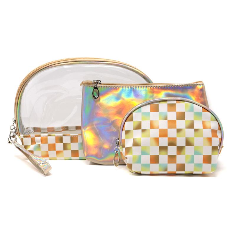 3 Piece Checkerboard Cosmetic Bag Set